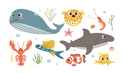 Cartoon sea animal. Tropical ocean animals, clown fish, lobster ,shrimp ,shark ,ballo0n fish . Cute whale marine creature .Various underwater vector characters