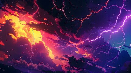 A painting of a dramatic night landscape with a vibrant orange, yellow, and purple sky illuminated by a jagged bolt of white lightning against dark clouds