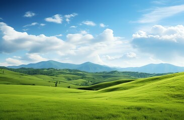 Fototapeta premium Green grassy hills with blue sky and mountains landscape background