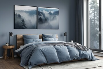 Three poster frames on the wall of the bedroom, in a minimalistic Scandinavian style. The bedroom has a wooden bed and side tables. Each frame contains a foggy forest landscape depicted in blue tones