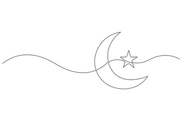 Moon symbol one continuous single line art drawing of Ramadan Kareem and Eid banner in simple outline vector