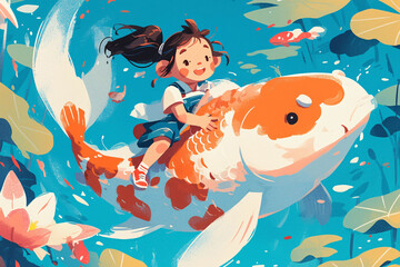 Illustration of the scene of a child riding a koi carp swimming in a pond during the Beginning of Summer