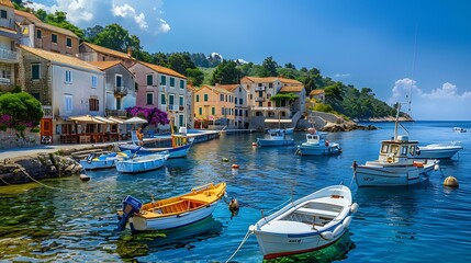 Quaint coastal village with beautiful fishing boats bobbing in the harbor under a clear blue sky.