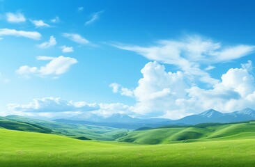 Fototapeta premium Green grassy hills with blue sky and mountains landscape background