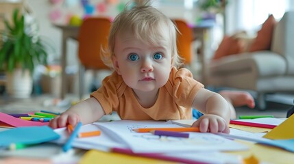 A toddler is drawing on a piece of paper with colored pencils. The toddler is wearing an orange shirt and has blond hair and blue eyes. The toddler is surrounded by colorful toys.