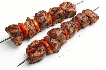  Kebabs Grilled meat on a skewer with Spices and Tomato lutts isolated on white background