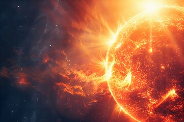 Sun image from space, bright prominences, sunspots. Magnetic storm. Cosmic radiation. Concept of space. Banner, poster, background, copy space