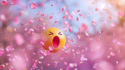 A blowing kiss emoji in mid-air surrounded by a flurry of pink petals. - Powered by Adobe