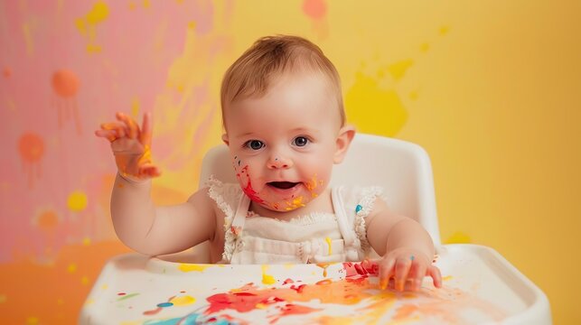 Joyful baby covered in colorful paint during her first birthday celebration