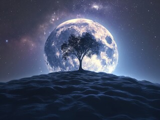 A solitary tree stands on a hill, silhouetted against a large, glowing full moon with a star-filled sky.