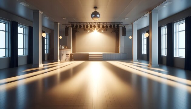 Spacious empty event hall with modern lighting and a minimalist stage, ready for various functions and gatherings.