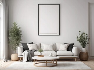 blank poster frame, cozy farmhouse living room interior, Off-White wall background