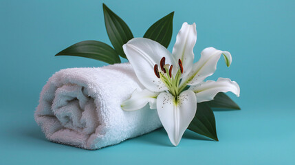 Rolled clean towel and beautiful lily flower on color
