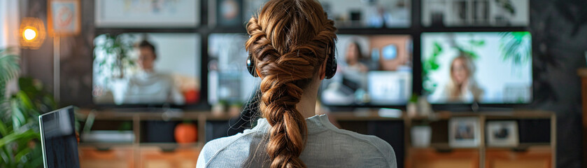 Against a backdrop of warm, muted tones, a female employee is captured from behind as she participates in a video conference with coworkers, highlighting the convenience and flexibility of remote