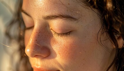 Close-up of a young woman's face with sunlight casting a warm glow on her skin, highlighting freckles and natural beauty.