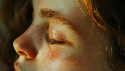 Close-up of a serene face with closed eyes, illuminated by warm sunlight, showcasing a peaceful and contemplative moment.