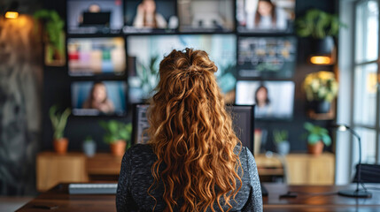 Fototapeta premium Against a backdrop of warm, muted tones, a female employee is captured from behind as she participates in a video conference with coworkers, highlighting the convenience and flexibility of remote