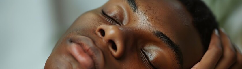 Fototapeta premium Close-up of a serene young person sleeping peacefully, showcasing a sense of relaxation and calmness with a soft focus on the face.