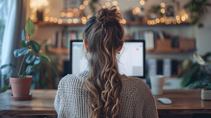 Amidst a tranquil home setting, a female employee is captured from behind while engaged in a video call with coworkers, showcasing the seamless integration of technology in remote work arrangements.