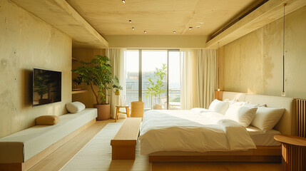 Modern bedroom interior with natural light