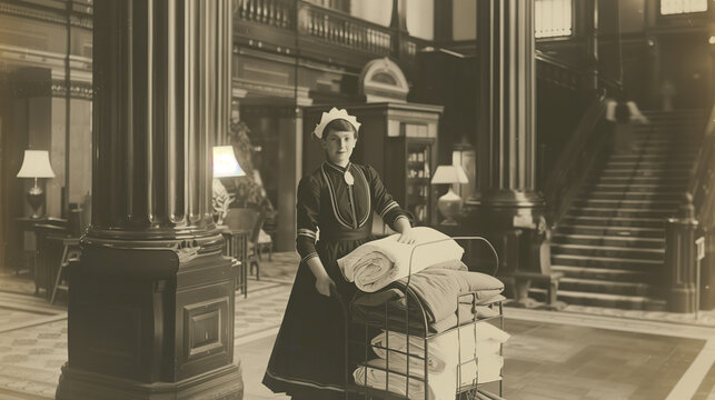 A vintage photograph of a chambermaid in a classic uniform, pushing a cart filled with linens through a grand hotel lobby