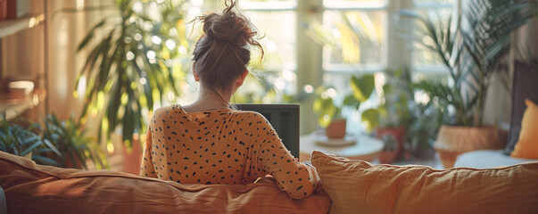 In a minimalistic home office environment, a female employee is seen conversing on a video call with colleagues, her back to the camera. Soft, cozy colors evoke a sense of comfort and tranquility,