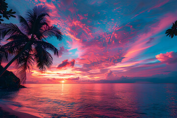 Idyllic view of the beach shore at sunset with the silhouette of some palm trees in the background, summer concept vacation concept holidays