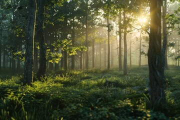 Obraz premium The sunlight that begins to penetrate into the forest in the morning. The dense forest is entered by a ray of sunlight that penetrates between the trees with the mist still visible there. 