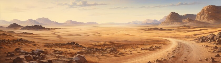 Naklejka premium a vast desert, its path marked only by the shifting sands and distant mirages