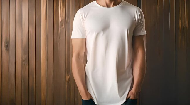 mockup footage of a plain white t-shirt with a male model, front view with a brown wood pattern background, generated ai