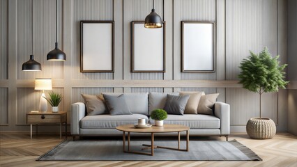 living room wall black border poster mockup with Soft Gray  Modern Farmhouse style interiors. Avoid lamps in front of frames. 