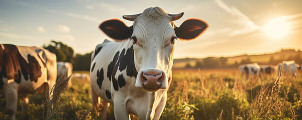 Curious cow in a sunlit field, surrounded by lush greenery and other cows grazing in the background during sunset.
