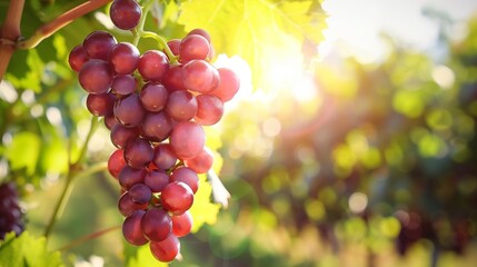 A cluster of ripe grapes hanging from a vine in a sunlit vineyard, with lush green foliage in the background, showcasing the natural beauty and bounty of a fruitful grape harvest.
