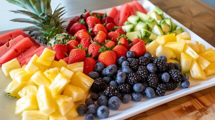 A colorful fruit platter displaying a variety of ripe berries, succulent pineapple chunks, and juicy watermelon slices, appealing to the eye and palate.
