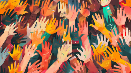 Illustration of Diverse Group of People With Hands Raised