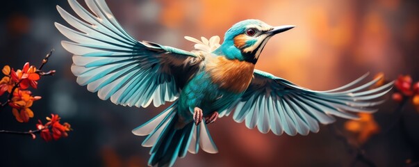 Obraz premium Beautiful blue and orange bird in flight with blurred natural background and red flowers, showcasing vibrant colors and movement.