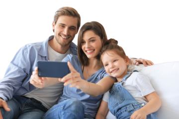 Beautiful young family with little child taking a selfie with a smartphone on a transparent background