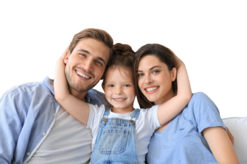 Positive friendly young parents with smiling little daughter sitting on sofa together while relaxing on a transparent background