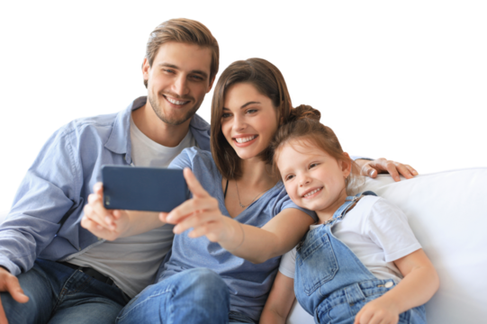 Beautiful young family with little child taking a selfie with a smartphone on a transparent background