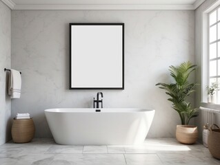blank poster frame, rustic villa bathroom interior background, Off-White wall background