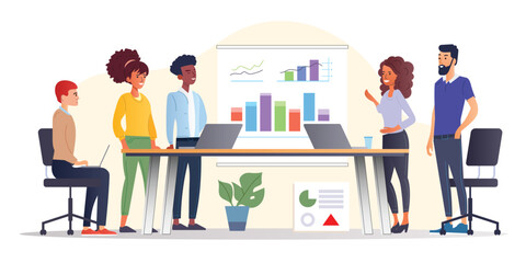 Business Startup Team Meeting. Vector cartoon illustration in a flat style of group of diverse people leading a discussion at a table near a whiteboard with charts and graphs. Isolated on background.