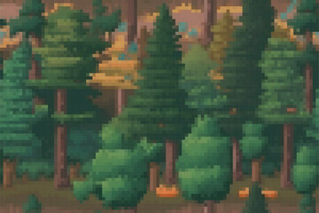 Pixel vector background with forest for games and mobile applications. Seamless when docking horizontally and vertically.