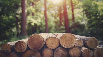 Stack of cut logs in forest with sunlight filtering through trees. Logs are neatly piled, showing rings and texture