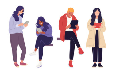 Fototapeta premium Illustrations of individuals holding and using mobile phones or tablets. Characters with smartphones in hand, featuring both men and women holding devices. Surfing the internet and chatting. 