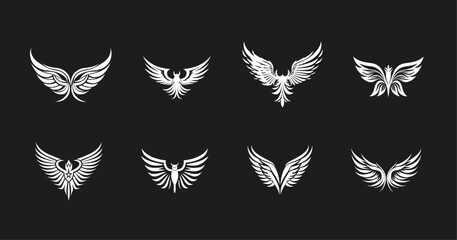 Set of white wings icons. Wings badges. Collection wings badges. Vector illustration.