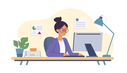 A woman is busy at her computer desk, joyfully engaged in her work. She sits at her desktop PC, diligently typing and browsing the internet. Flat vector illustration depicts a content employee