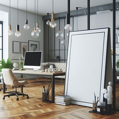 A Room with a mockup poster empty white and with a large white frame and a desk and a computer realistic art has illustrative attractive has illustrative.