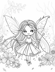 Coloring book page designed for children, featuring a pretty magical fairy girl in chibi style, complete with wings and sparkles. The design is simple and playful, with no shading, all black lines