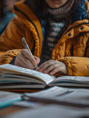 Close view of the hands of a young student writing a book, university concept and college student concept, notes concept, exams concept, campus concept, class study concept