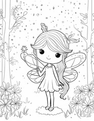Fototapeta premium Coloring book page designed for children, featuring a pretty magical fairy girl in chibi style, complete with wings and sparkles. The design is simple and playful, with no shading, all black lines